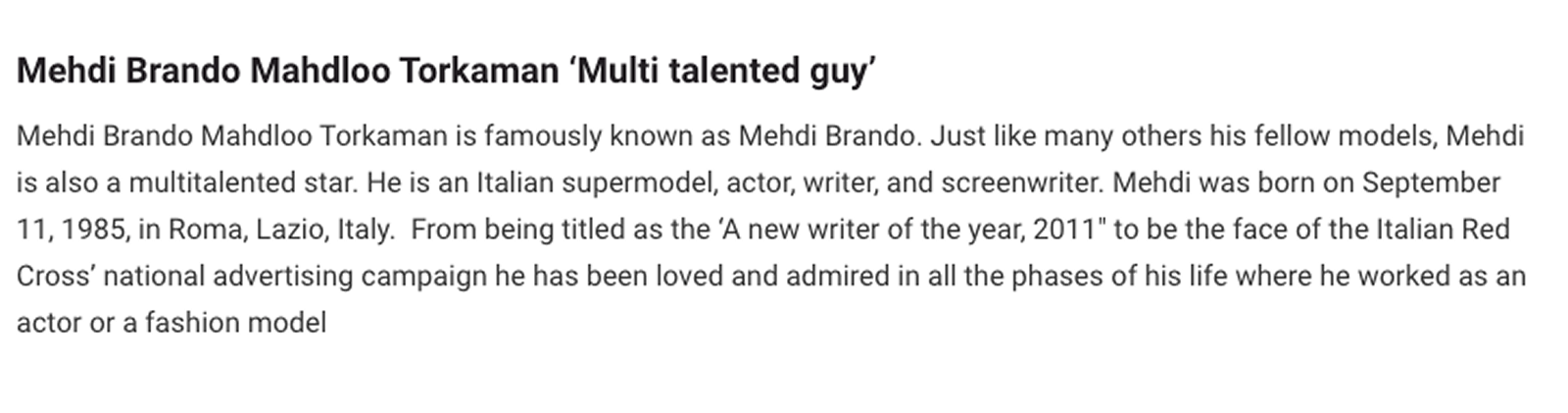 Arts Tribune recognition naming Brando Mehdi Mahdloo Torkaman among the 20 best Italian actors and models